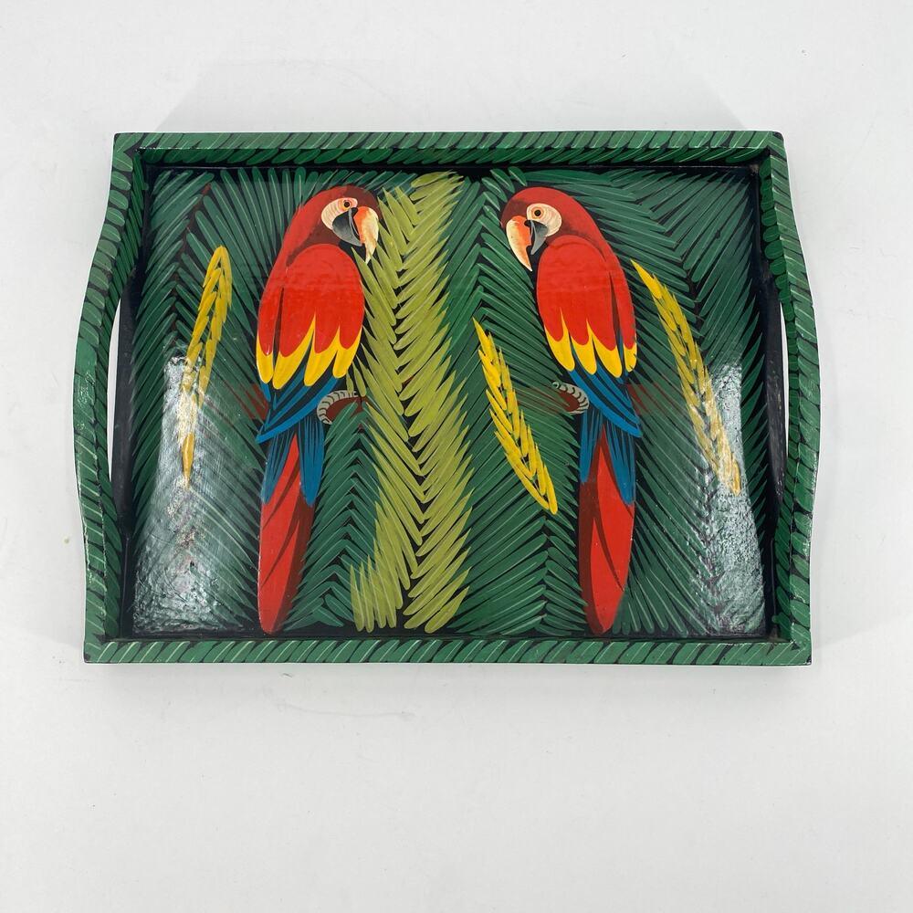 Parrots brightly painted serving tray 14” x 11” green red tropical tiki